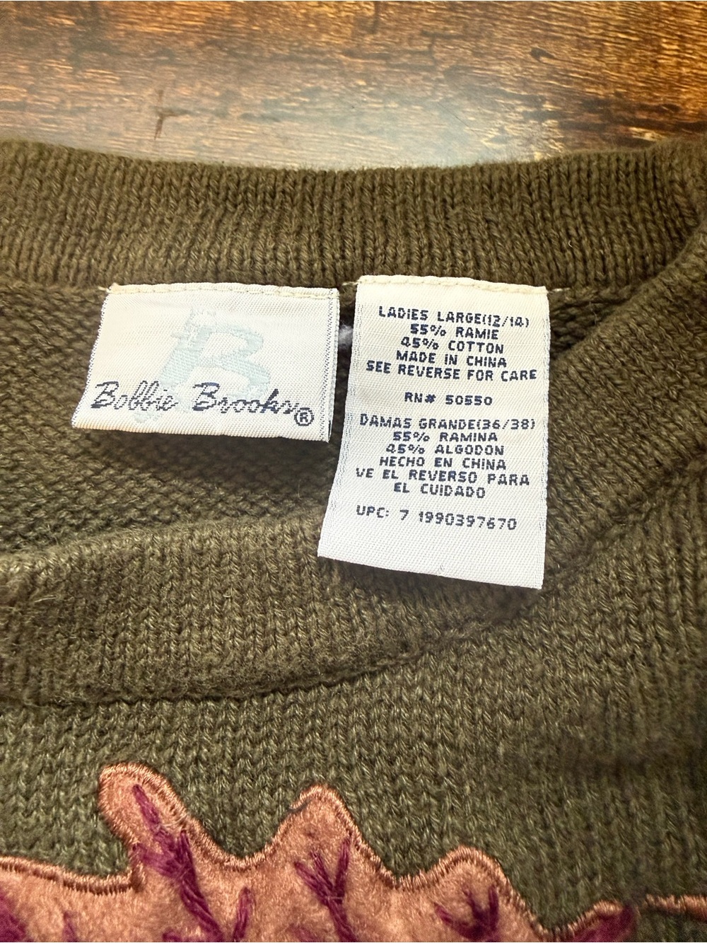 Bobbie Brooks Olive Green Patchwork Leaf Appliqué Crewneck Sweater - Picture 3 of 9